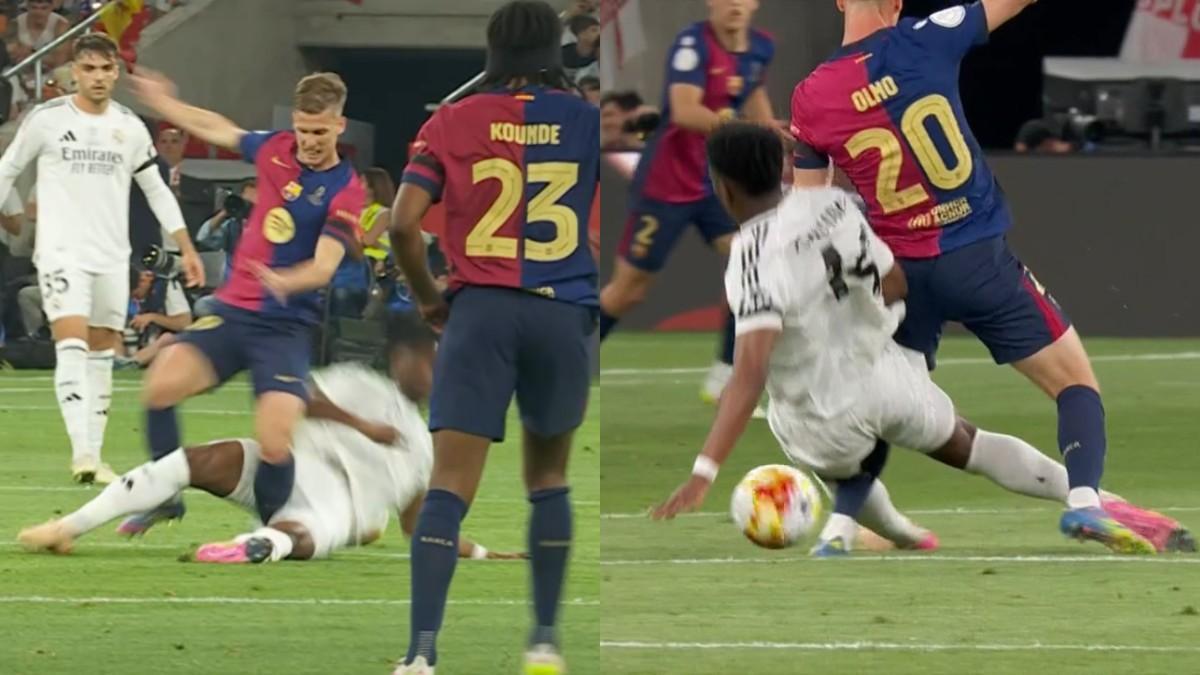 Entrada criminal de Tchouaméni a Olmo en la final de la Copa del Rey