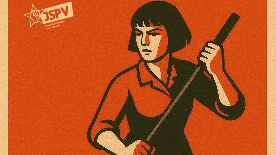Ilustración de las juventudes socialistas que muestra a una mujer que podría ser Diana Morant 'barriendo' con una escoba las siglas de PP y Vox.