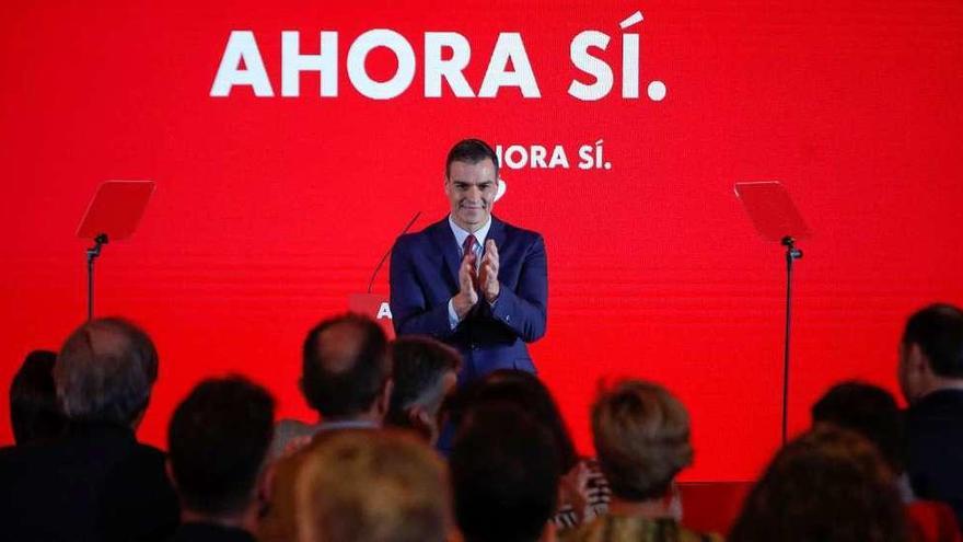 Pedro Sánchez interviene en la presentación de la campaña del PSOE. // Efe