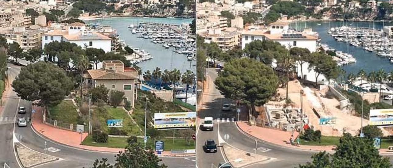 Vistas aéreas de Porto Cristo donde se aprecia la finca de ses Marjades con la casa (marzo de este año) y ya sin ésta (ayer), con las obras ahora en plena ejecución.