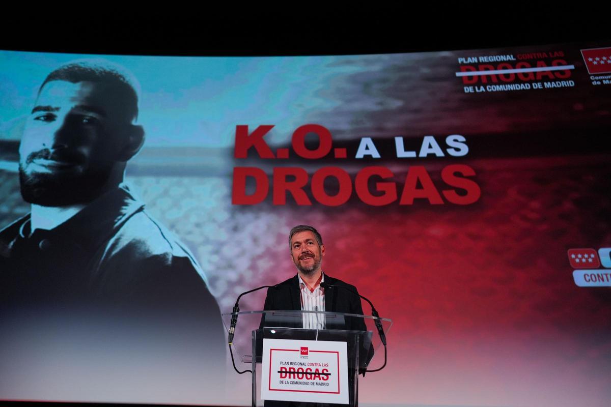 El consejero de Presidencia, Justicia y Administración Local de la Comunidad de Madrid, Miguel Ángel García, en la presentación de la campaña 'K.O. a las Drogas'.