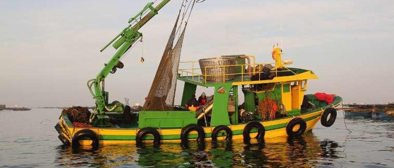 Un barco auxiliar de acuicultura en pleno laboreo. // Muñiz