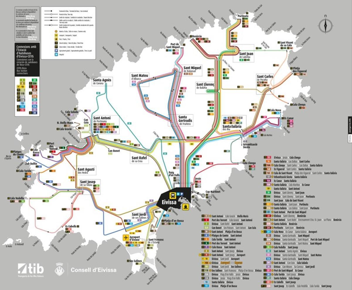 Mapa de las rutas de autobus de Ibiza