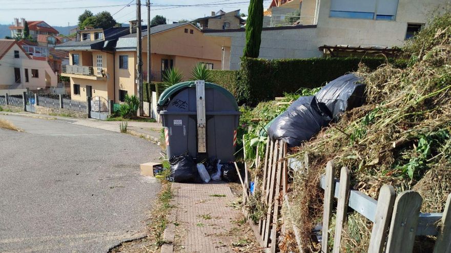 Contenedor impidiendo el paso por la acera junto a una jaula de residuos vegetales abarrotada.