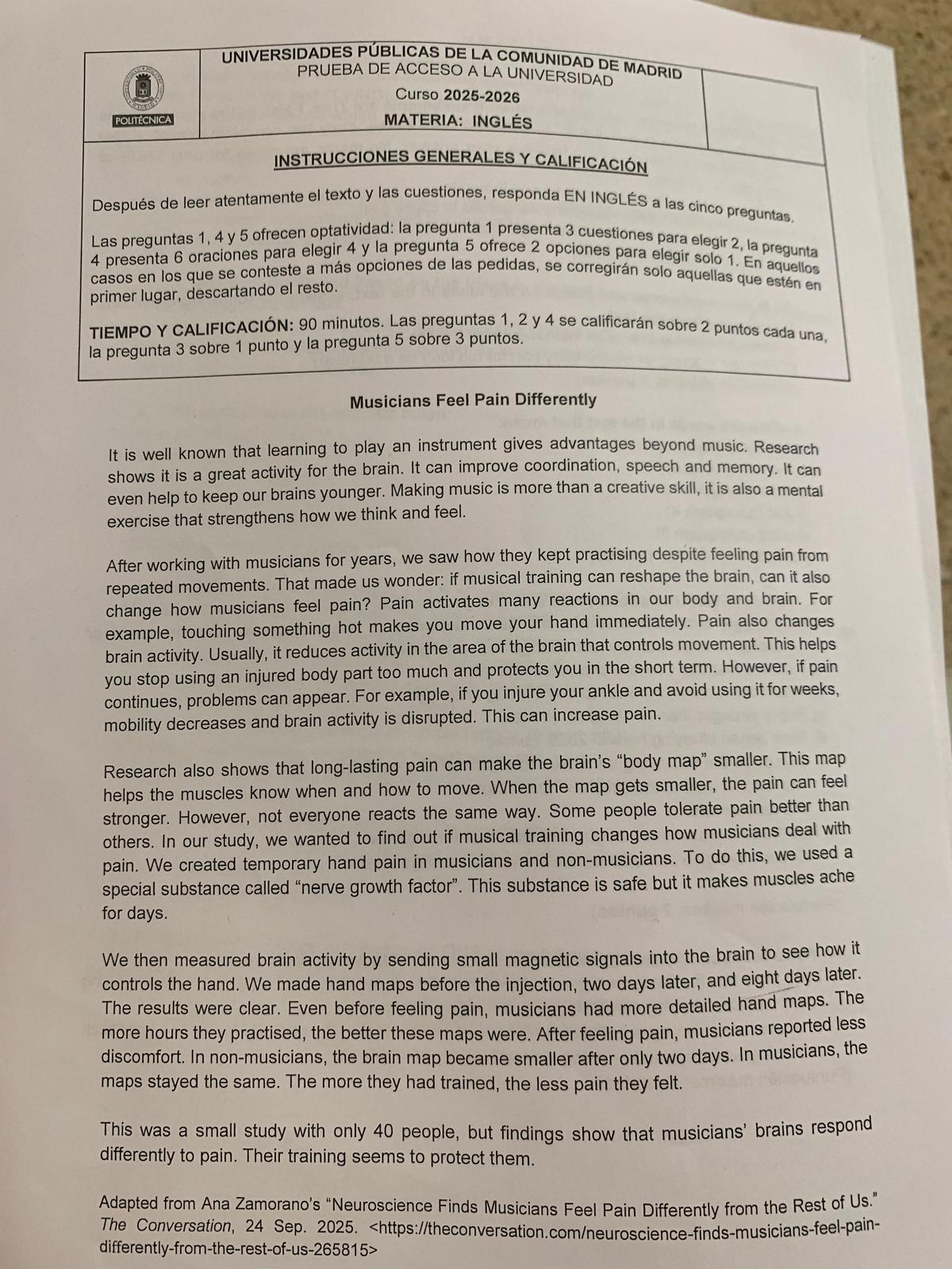Examen de Inglés de la PAU 2026 de Madrid de la modalidad de Ciencias y Tecnología