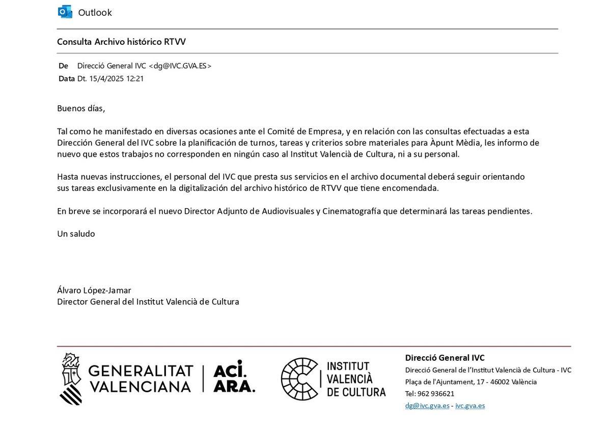 Correo remitidopor la Dirección General del IVC el pasado 15 de abril a sus documentalitas en À Punt.
