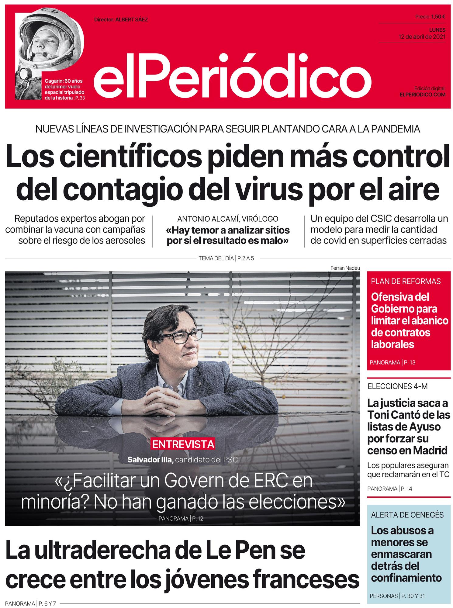 La portada de EL PERIÓDICO del 12 de abril de 2021