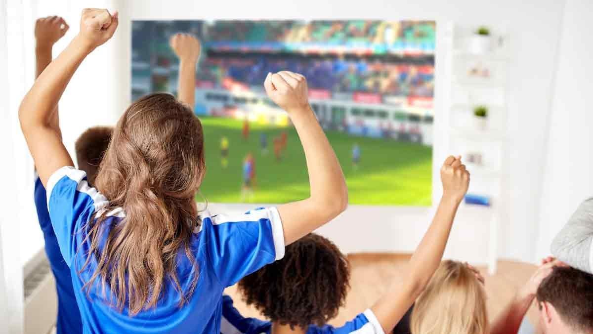 Aficionados viendo un partido de fútbol por televisión