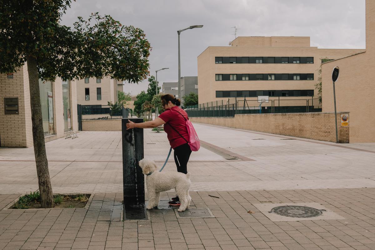 Una mujer refresca a su perro con agua de una fuente en una calle peatonal de Sarriguren
