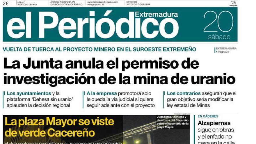 Esta es la portada de EL PERIÓDICO EXTREMADURA correspondiente al día 20 de julio del 2019