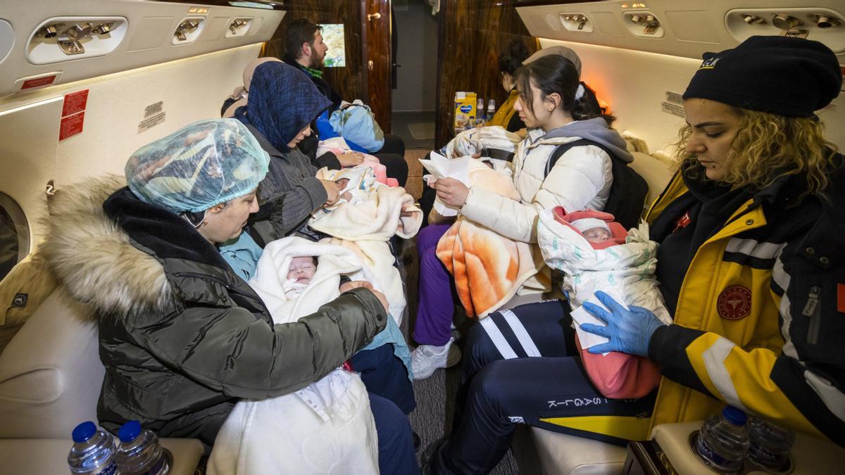 Anadolu Agency 16 babies transferred to Ankara from quake-hit Kahramanmaras KAHRAMANMARAS, TURKIYE - FEBRUARY 08: Babies rescued from the rubble of collapsed buildings in Kahramanmaras are being transferred to Ankara by Turkish Presidential Plane after 7.7 and 7.6 magnitude earthquakes hit Turkiye's multiple provinces on February 8, 2023. 16 babies, left unaccompanied due to earthquake transferred to Ankara for care. Early Monday morning, a strong 7.7 earthquake, centered in the Pazarcik district, jolted Kahramanmaras and strongly shook several provinces, including Gaziantep, Kahramanmaras, Diyarbakir, Adana, Adiyaman, Malatya, Osmaniye, Hatay, and Kilis. Later, at 13.24 p.m. (1024GMT), a 7.6 magnitude quake centered in Kahramanmaras' Elbistan district struck the region. Turkiye declared 7 days of national mourning after deadly earthquakes in southern provinces. (Photo by Mehmet Ali Ozcan/Anadolu Agency via Getty Images)