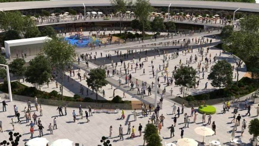 Recreación inicial de la plaza central del nuevo complejo comercial que se quiere construir en Elche.