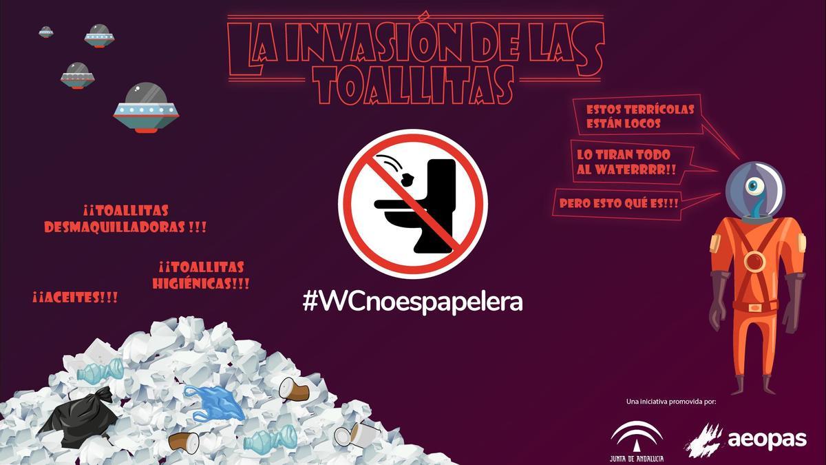 Imagen de la campaña lanzada por la Asociación de Empresas de Operadoras de Agua Pública y Saneamiento (Aeopas) y la Junta de Andalucía para la concienciación en el uso de las toallitas húmedas, que no deben ir a parar al inodoro. / El Correo