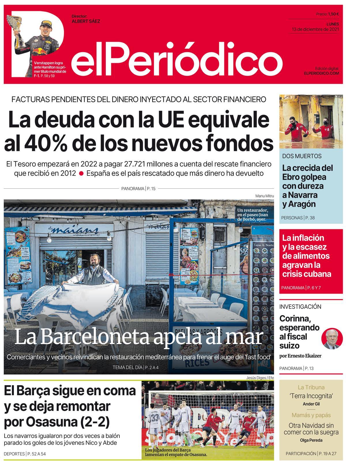 La portada d’EL PERIÓDICO del 13 de desembre del 2021