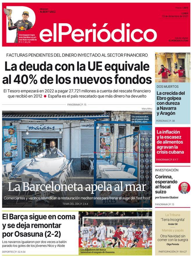 La portada d’EL PERIÓDICO del 13 de desembre del 2021