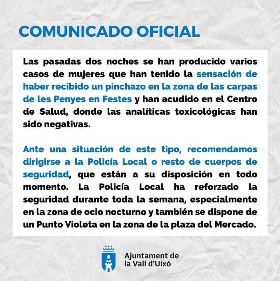 Comunicado emitido por el Ayuntamiento.