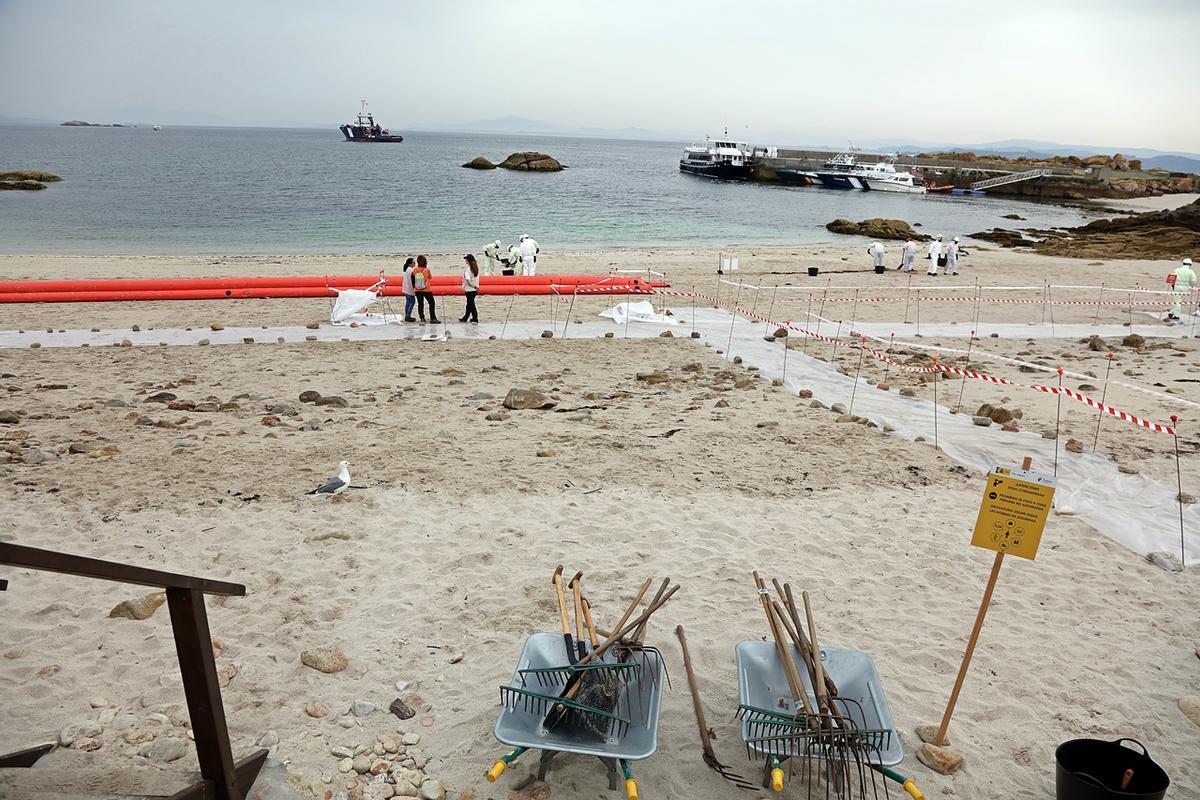 Un momento del ejercicio llevado a cabo en la única playa visitable de Sálvora y el entorno de la isla.