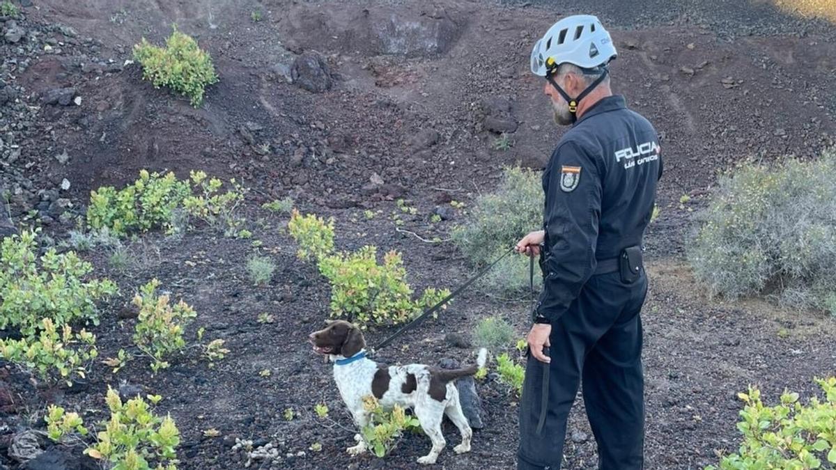 El agente de la Policía Nacional y su perro 'Rony', quienes hallaron el pasado miércoles, cerca de la Sima de Jinámar el cuerpo sin vida del hombre desaparecido el 12 de febrero en Telde