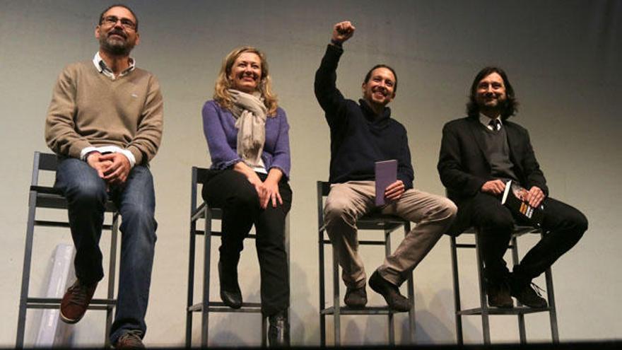 Alberto Montero, Victoria Rosell, Pablo Iglesias y Rafael Mayoral en el acto central de la formación morada que tuvo lugar ayer en el Teatro Alameda.