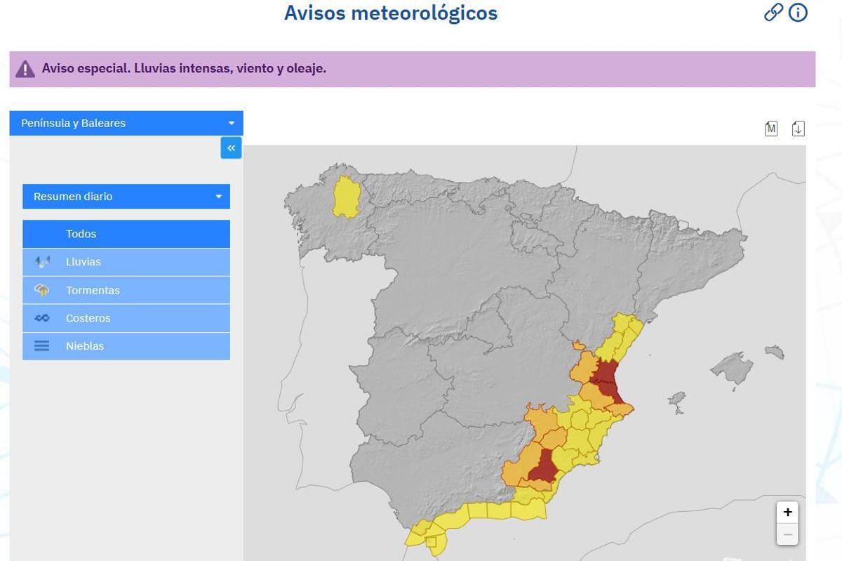 Mapa con los avisos de la Aemet para hoy domingo, 14 de diciembre.