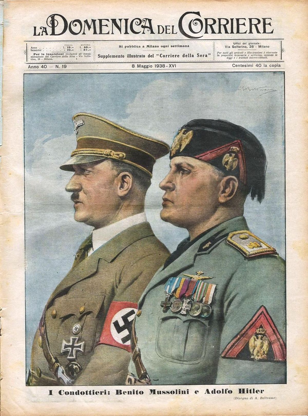 Suplemento del periódico "Corriere della Sera" (8 de mayo de 1938) con una ilustración de Mussolini junto a Hitler.