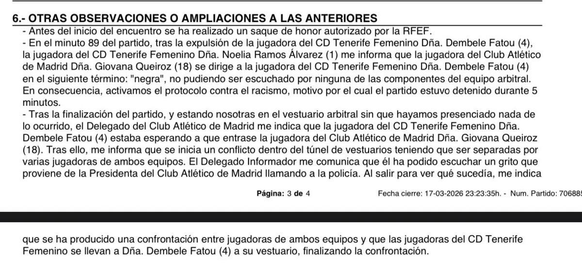El acta de la árbitra en la que regfleja el insulto racista de la jugadora del Atlético de Madrid Giovanna a la del Costa Adeje Tenerife Fatou.