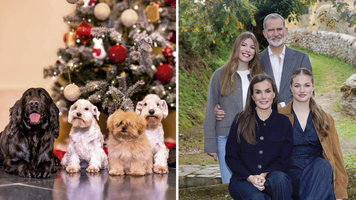 Los perritos de la reina Sofía roban protagonismo al posado familiar de los reyes y sus hijas en las felicitaciones navideñas de la familia real