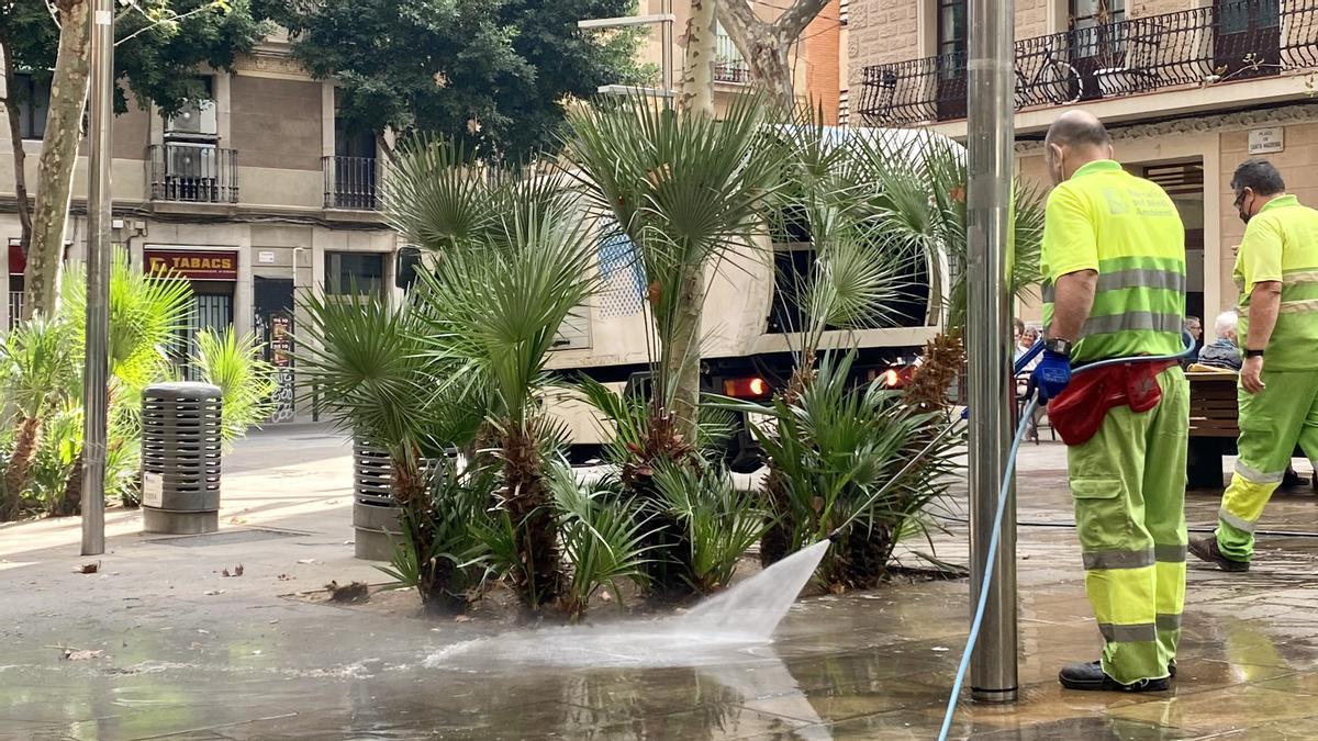 Personal de limpieza pasa agua a presión sobre el suelo de la plaza de Santa Madrona, el lunes