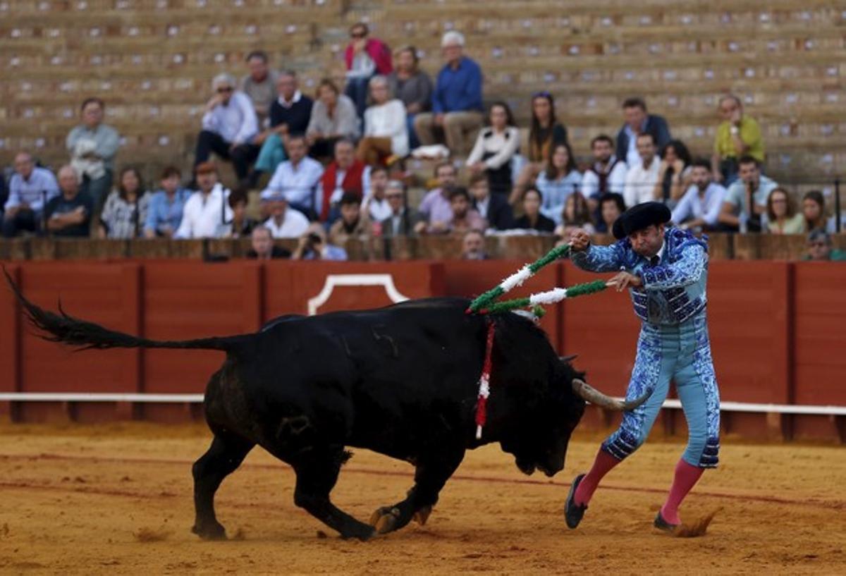 Spanish banderillero Antonio Osuna is tackled by a bull in the Andalusian capital of Seville, southern Spain