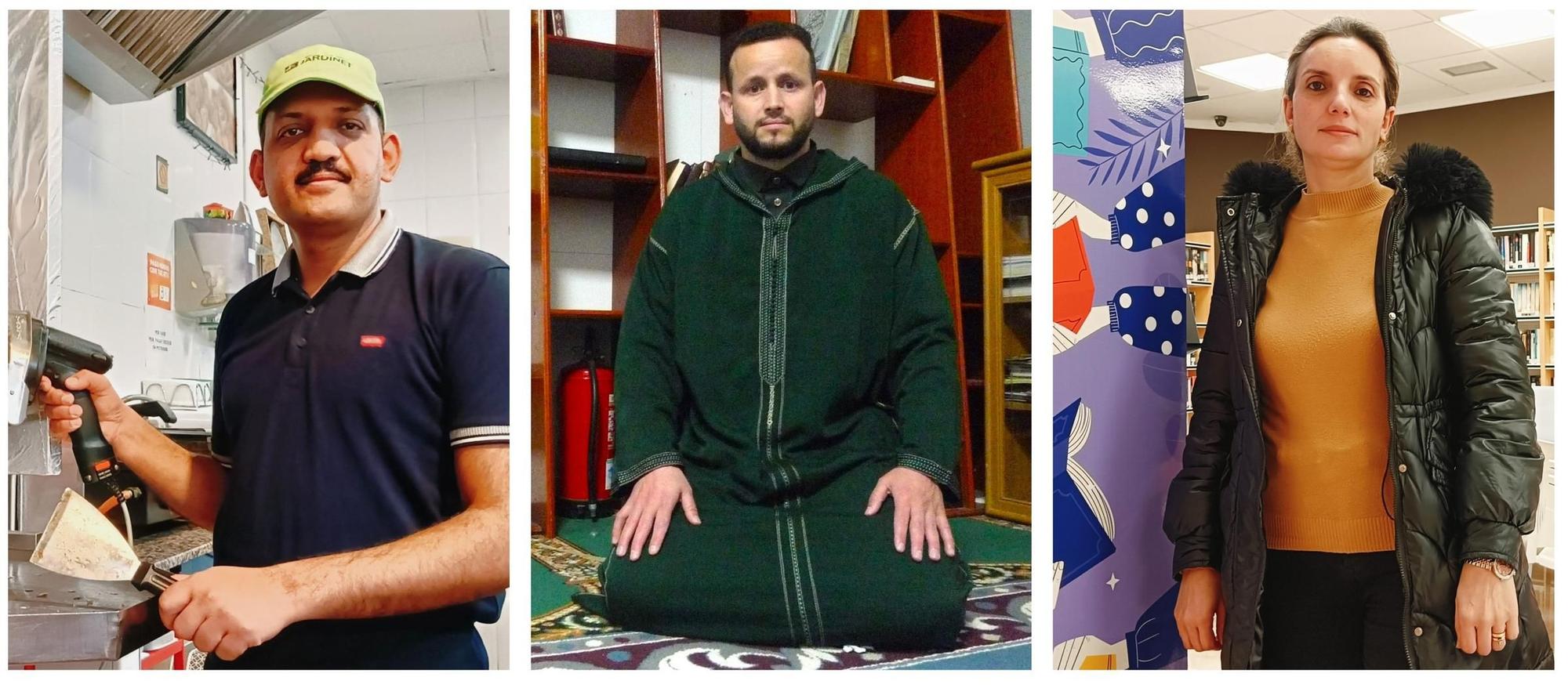 De izquierda a derecha Tabbsam Ilyas Ghaffari, en su «kebab» del Jardinet; el imán Tarik Khtira en la mezquita del Grau, y Ghizlane Loulidi, en la biblioteca de Benipeixcar.