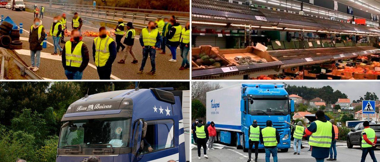 Piquetes cortan el tráfico en Vilalba, estantes vacíos en un supermercado, un camión con la luna rota por la acción de un piquete y protestas del sector en Poio. SOCIAL DRIVE / FDV / ALBA VILLAR /RAFA VÁZQUEZ