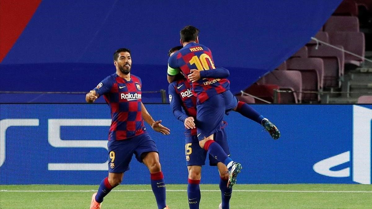 Messi, Suárez y Lenglet celebran el primer tanto del partido