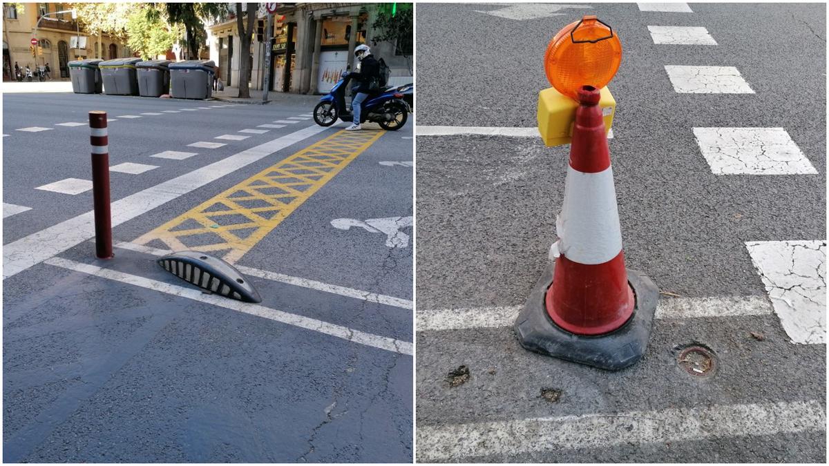 Poste rojo en el final de la hilera de tacos de goma y marca en el asfalto del poste que marcaba el inicio de la misma fila