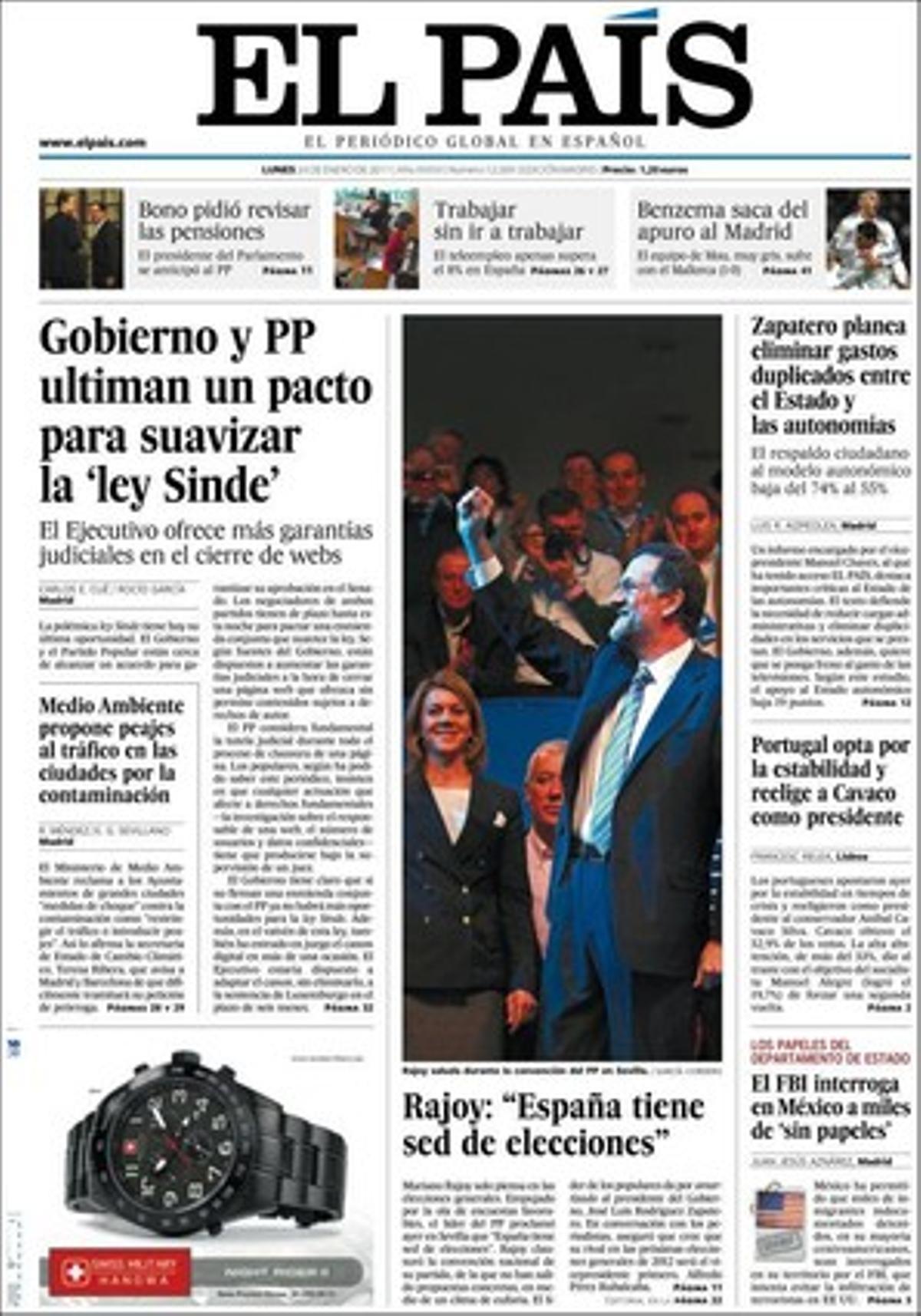 ’El País’ realça a dins que Bono ja ha comunicat al Govern que planeja canviar les pensions dels diputats i que la la ministra Trinidad Jiménez busca als Estats Units una sortida al conflicte del Sàhara.