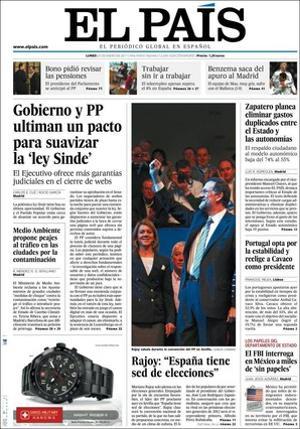 ’El País’ realça a dins que Bono ja ha comunicat al Govern que planeja canviar les pensions dels diputats i que la la ministra Trinidad Jiménez busca als Estats Units una sortida al conflicte del Sàhara.
