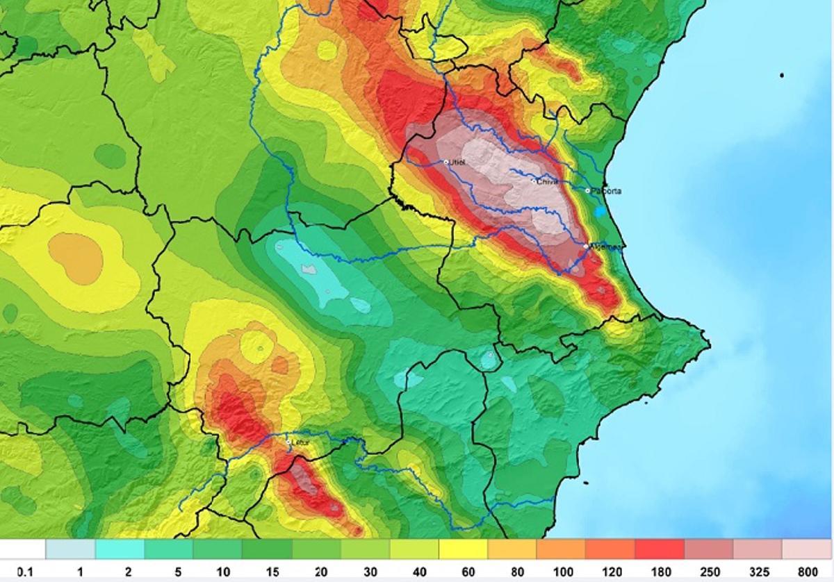 Precipitación acumulada el 29 de octubre de 2024 (datos de Aemet, Avamet, SMC, SIAR, Sisritel y SAIH).