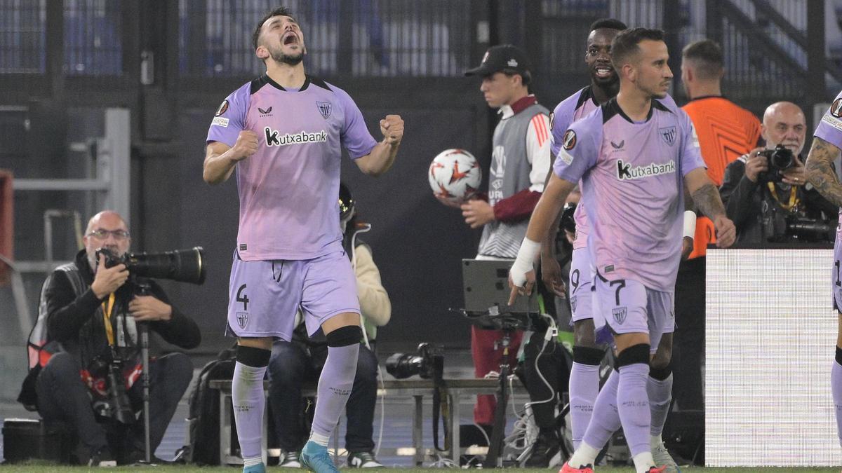 Aitor Paredes celebra su gol ante la Roma.