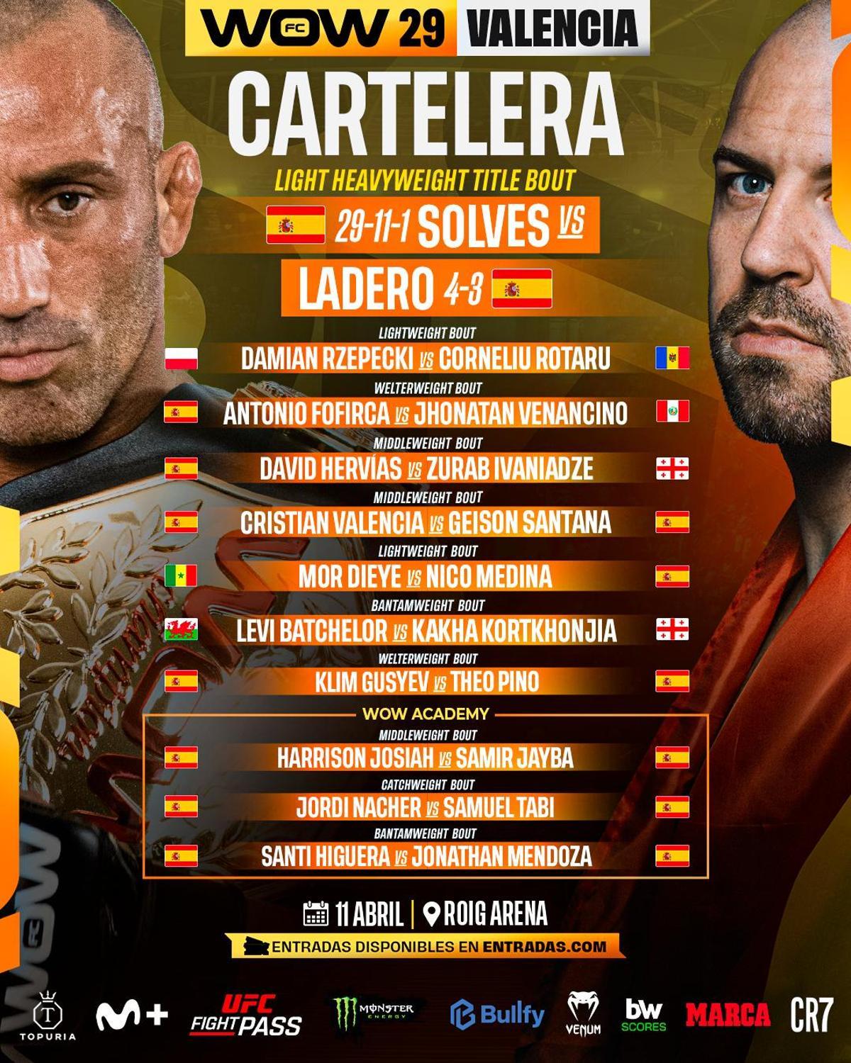 WOW 29 Valencia se celebrará en el emblemático Roig Arena, con una cartelera histórica que batirá récord de asistencia en un evento de MMA en nuestro país.