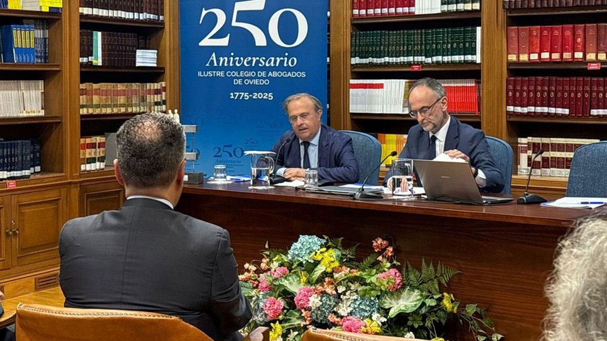 Por la izquierda, Javier Junceda, miembro de la Real Academia Asturiana de Jurisprudencia, y Carlos F. Balbín, ayer, durante la charla en el Colegio de Abogados de Oviedo. |