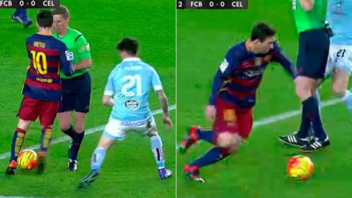 Leo Messi regateó a su rival con el árbitro en medio