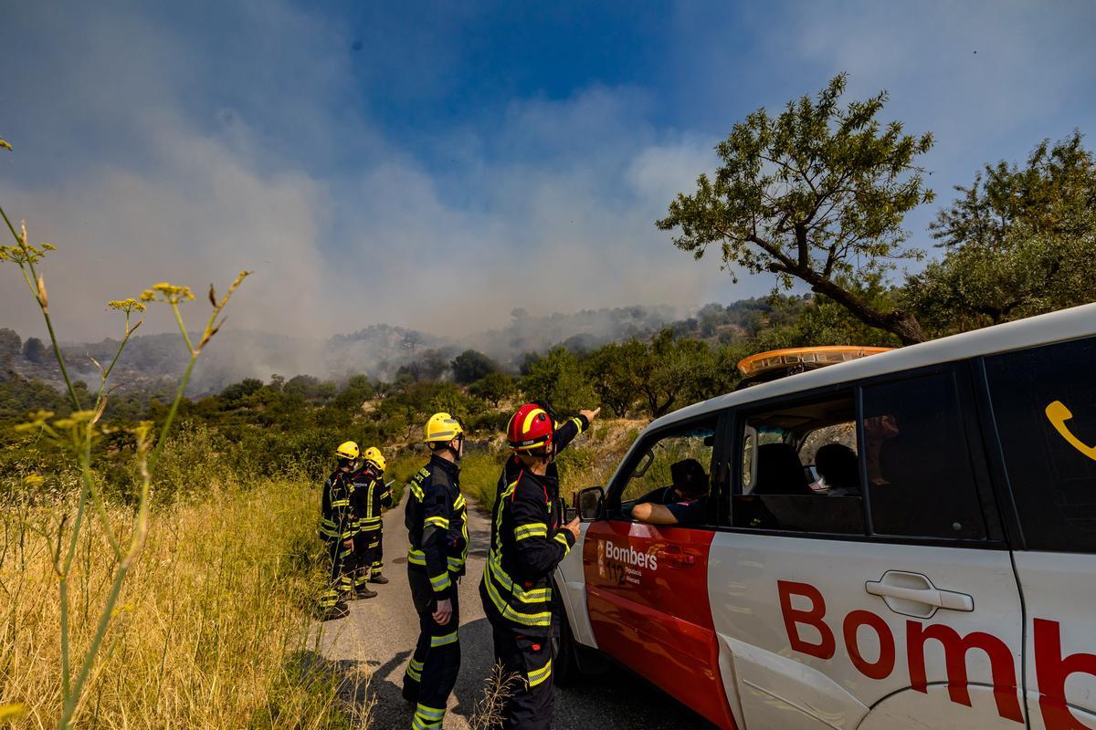 Varios bomberos se coordinan durante el incendio en la Vall d'Ebo, esta semana.