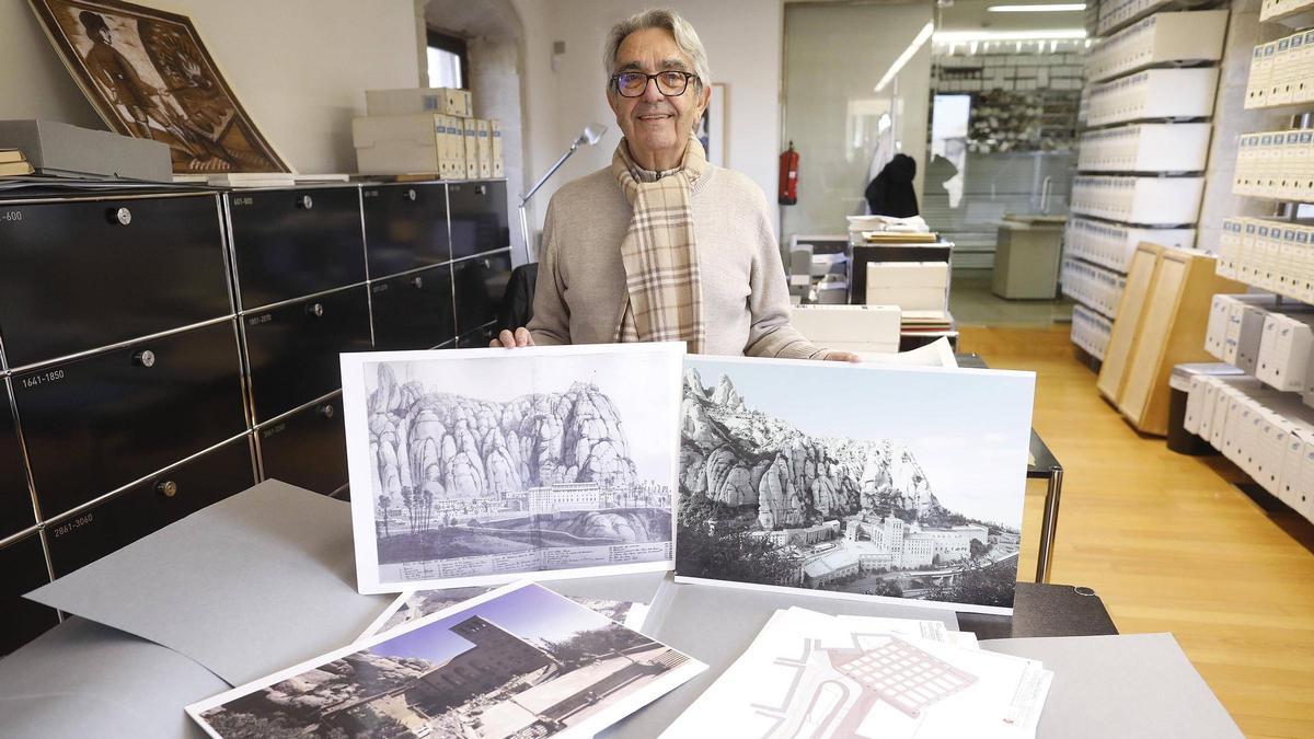 Arcadi Pla amb plànols de Montserrat que ha cedit al COAC.