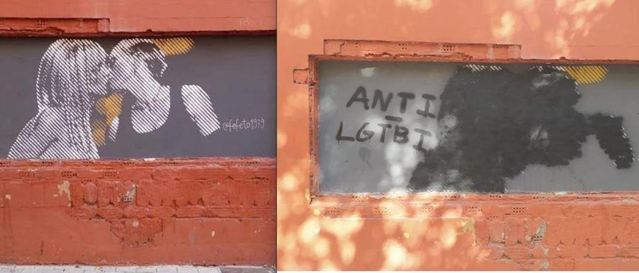 El mural, antes y después del acto vandálico.