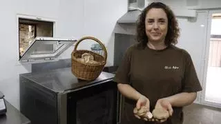 La sevillana María Monge cultiva en Asturias una seta asiática que transforma en conserva en el obrador que montó en la vieja cuadra de su casa en Salas
