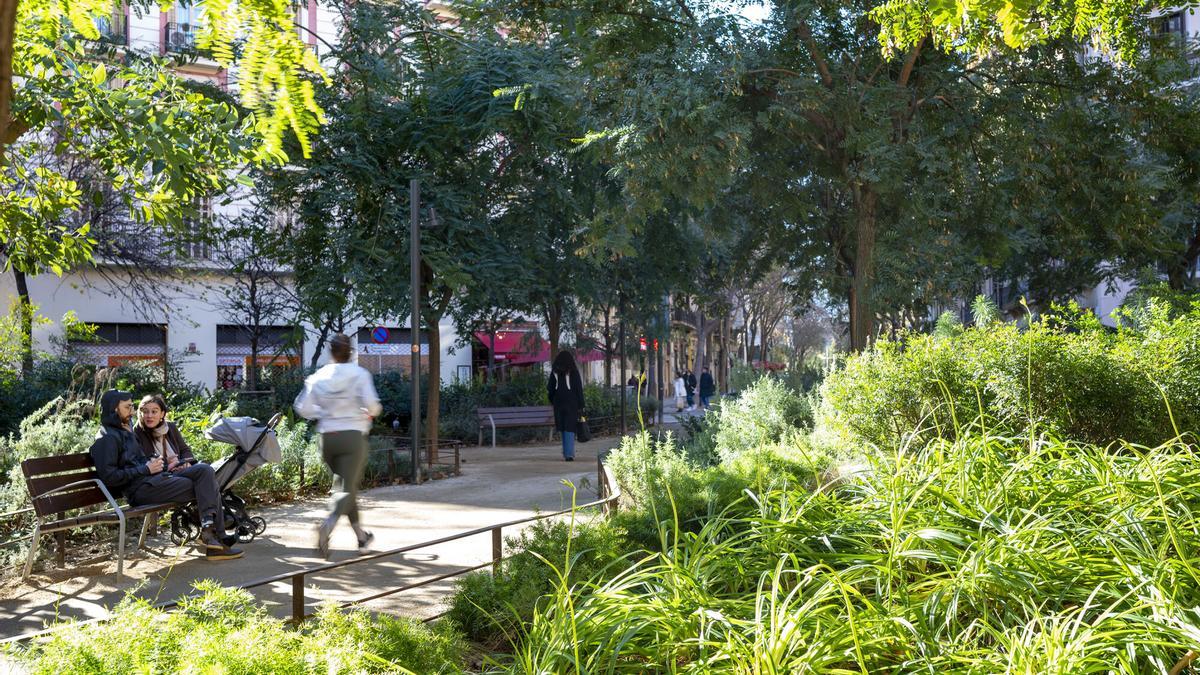 Enric Granados con Consell de Cent, la más verde de las plazas de los ejes verdes.