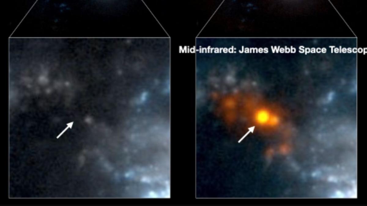 Los astrónomos han utilizado el Telescopio Espacial James Webb para revelar la fuente que nutre a las galaxias en colisión en el sistema IIZw096 (derecha): la misma se encuentra fuera de las partes principales de las galaxias y no es apreciable en absoluto en la luz ultravioleta o visible observada con el Telescopio Espacial Hubble (izquierda).