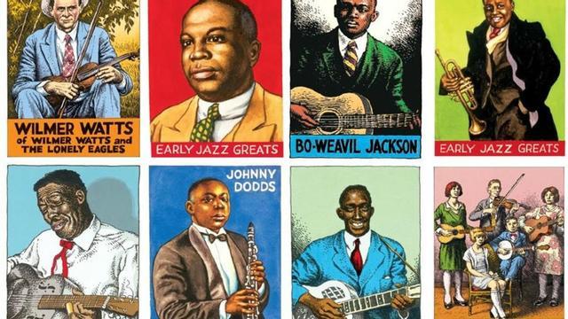 Diversas ilustraciones del propio Robert Crumb para el libro 'Heroes del blues, el jazz y el country', donde el icono del cómic 'underground' reúne su música favorita.