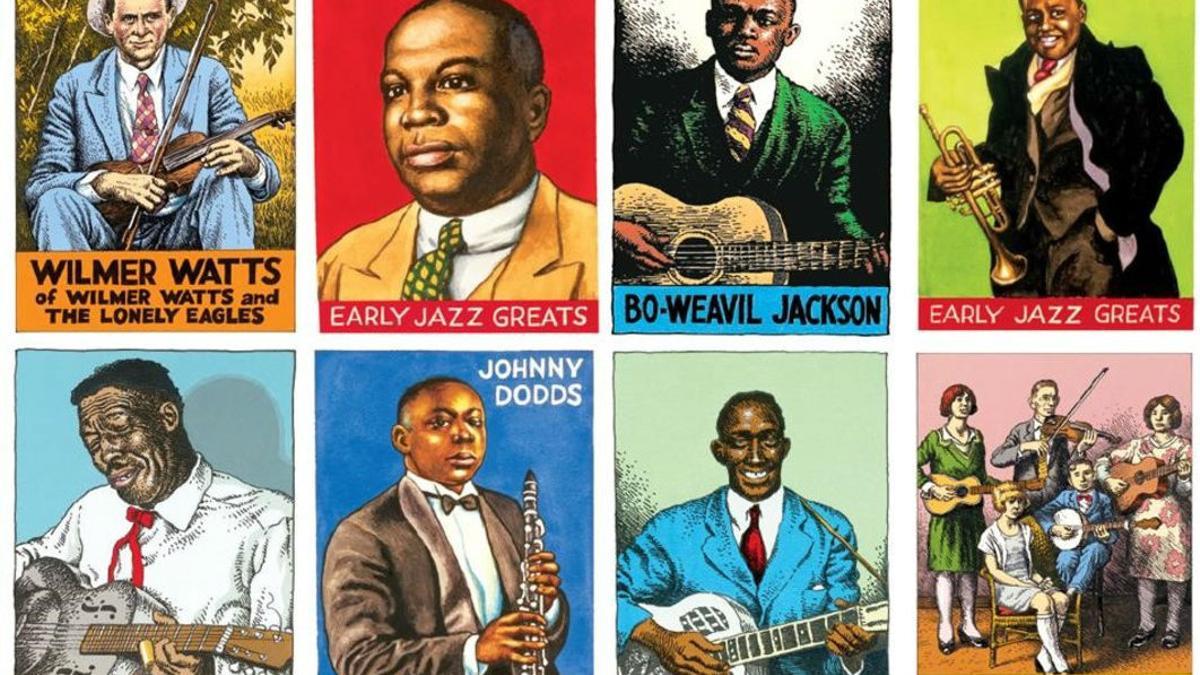 Diversas ilustraciones del propio Robert Crumb para el libro 'Heroes del blues, el jazz y el country', donde el icono del cómic 'underground' reúne su música favorita.