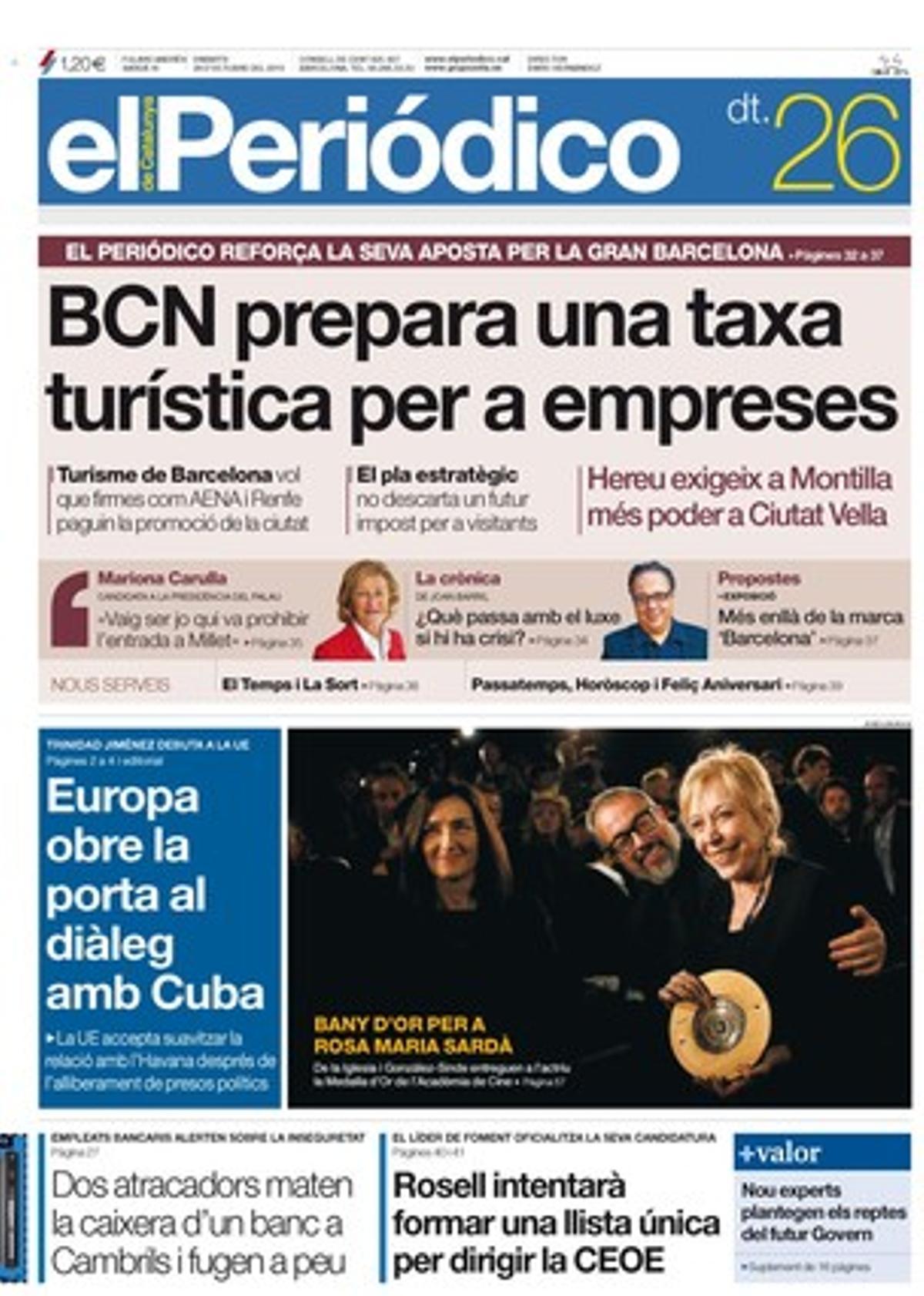 EL PERIÓDICO, a més de les notícies de la portada, destaca a dins les riuades de diners que impulsen la campanya de les legislatives dels EUA, que Zapatero respira relaxat després de la renúncia de Montilla a un altre tripartit, que els pèrits ratifiquen que Millet i CDC es van repartir comissions, que l’Estatut enterboleix de nou del debat en el Tribunal Constitucional, que els casaments d’espanyols a l’estranger estan sota la lupa del Ministeri de Justícia, que el 73% de les dones assassinades a Catalunya eren immigrants, que Cristòfor Colom no va importar la sífilis d’Amèrica, que Rubalcaba prioritza el diàleg social davant els empresaris, i que Albert Solé retrata la mort digna del líder antifranquista Miguel Núñez. També ofereix el mensual ’+Valor’.