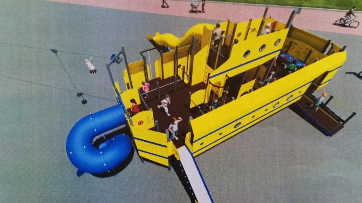 El gran juego infantil en forma de submarino amarillo será de similares características al de esta imagen.